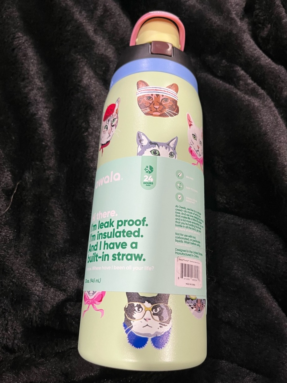 Owala Cat Pattern Insulated Water Bottle - Mint Green with Pink Accent